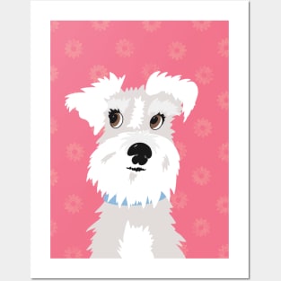 White Miniature Schnauzer Dog with Pink Daisies Posters and Art